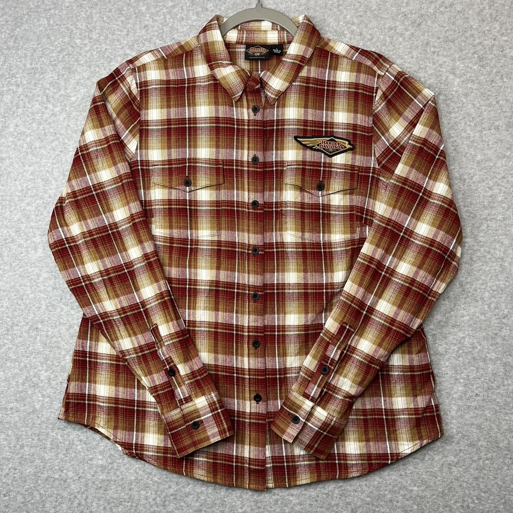 Harley Davidson Shirt Womens XL Plaid Flannel 120 Years Anniversary Button Up 28